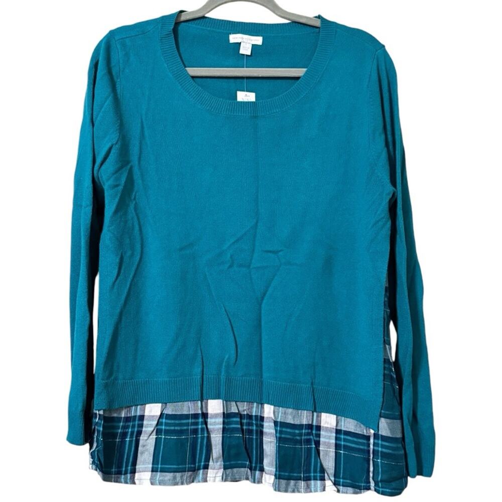 NEW YORK & COMPANY size large pullover long sleeve sweater plaid slit sides NWT